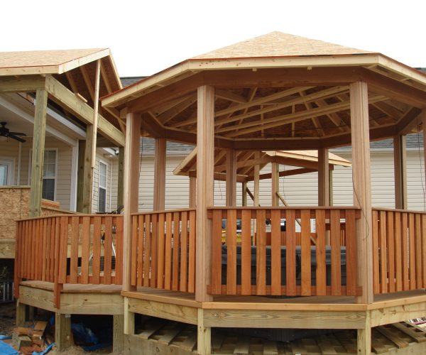 Yellow Balau Wood Gazebo, Deck, Railing